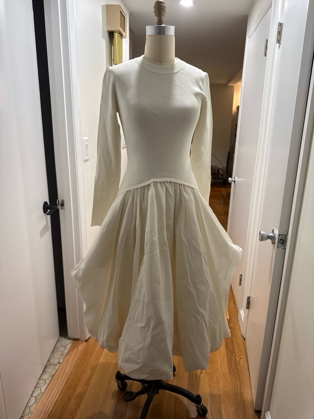 Long-Sleeve Cream Fit & Flare Midi Dress